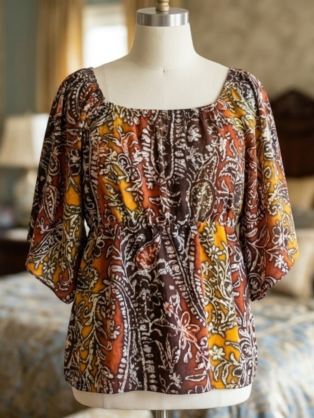 Ashley Stewart 18W Plus Size Blouse Boho Paisley Flutter Sleeve Brown Orange
